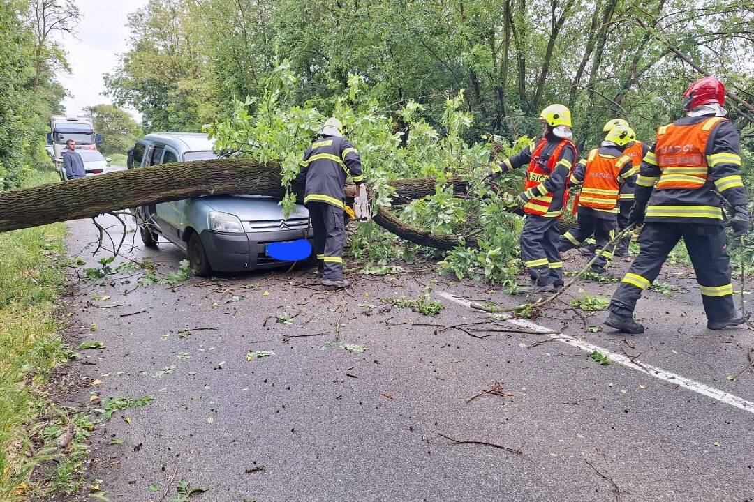 FOTO: Na ceste pri obci Báb spadol strom na okoloidúce auto. Na mieste zasahovali hasiči