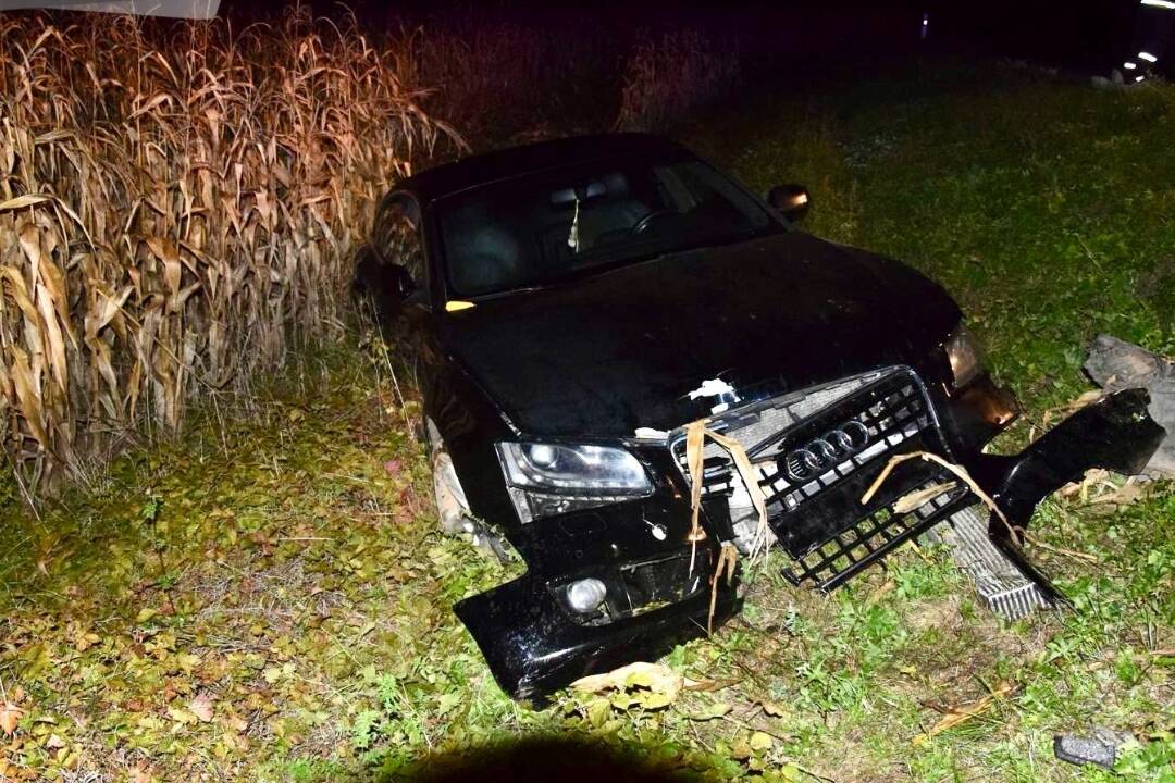 Foto: Vodič Audi pri Topoľčanoch pri Topoľčanoch nabúral do dvoch značiek a skončil v svahu. Ďalší boli pod vplyvom drog